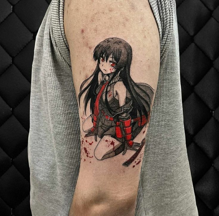 Akame tattoo/ akame ga kill/ anime tattoo Anime Tattoo Ideas For Women, Anime Sleeve Tattoos For Women, Akame Tattoo, Akame Ga Kill Tattoo, Dark Anime Tattoo, Anime Tattoo Ideas Manga, Kill Tattoo, Womans Tattoo, Patriotic Tattoos