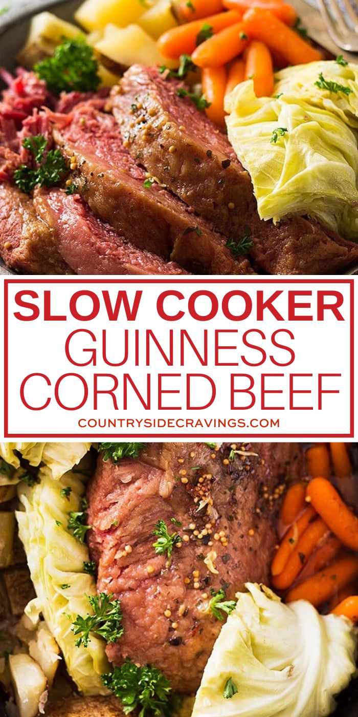 slow cooker guinness corned beef with carrots, cabbage and parsley on the side