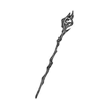 a black and white drawing of a harry potter wand with an eyeball on it