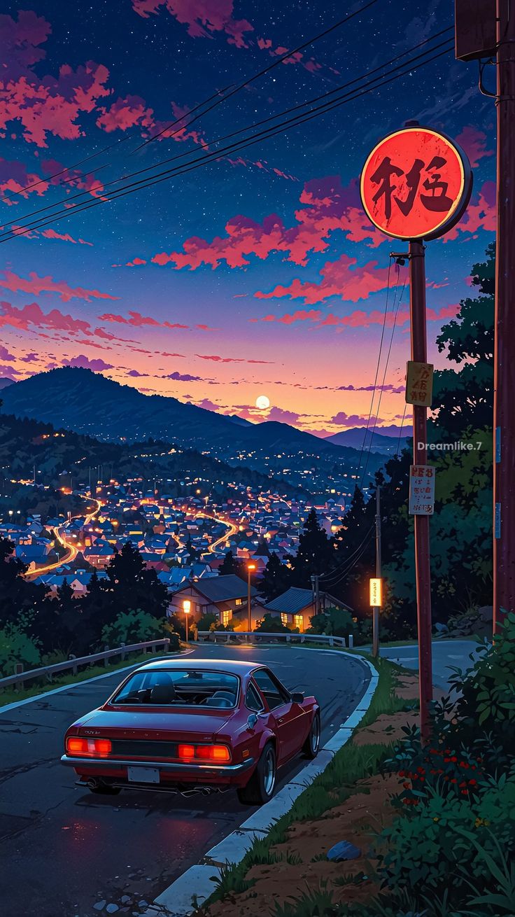 a red car parked on the side of a road under a purple and blue sky