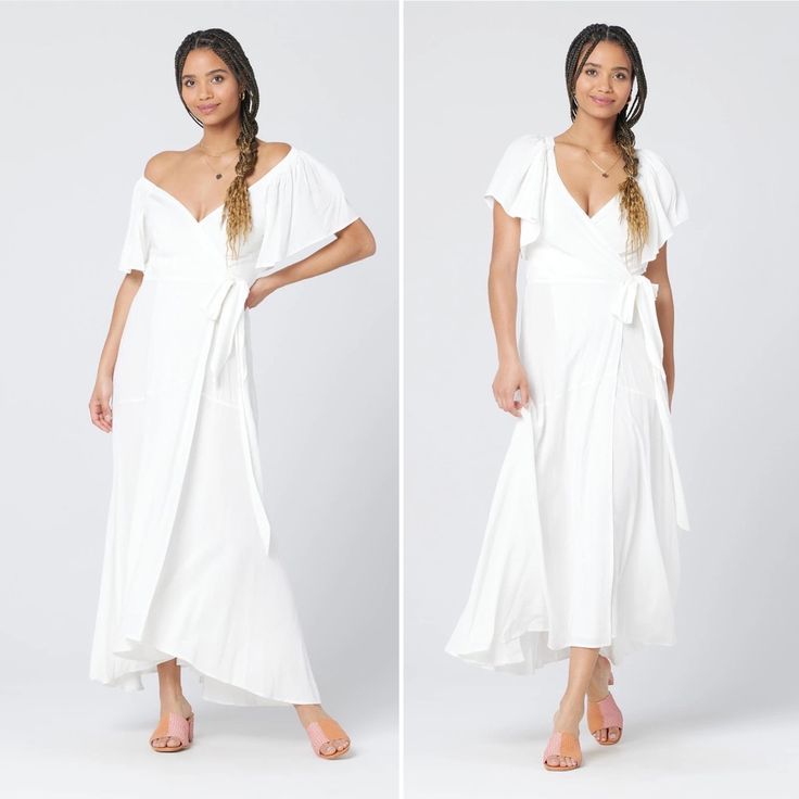 Perfect For Warm Summer Nights, The White Cover-Up Is A High-Low Wrap Dress Featuring Romantic Ruched Shoulders, Flowy Short Sleeves, And A Flattering, Functional Tie Waist. Can Be Worn Either On Or Off The Shoulder. High-Low Hem Wrap Dress Functional Tie At Waist V Front Ruched Shoulder Flowy Short Sleeves Can Be Worn On Or Off The Shoulder 100% Rayon New With Tags! I Try To Ship Same Day White Wrap Beach Dress, White Wrap Dress For Beach, Breezy V-neck Loungewear Dress, Summer Wrap Maxi Dress For Daywear, White Flowy Dress For Loungewear, White Flowy Maxi Dress For Loungewear, Flowy Wrap Maxi Dress For Brunch, White V-neck Maxi Dress For Loungewear, White Wrap Dress For Daywear