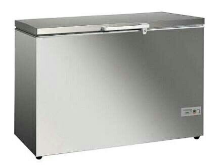 the chest freezer is stainless steel and has an automatic lock on the front door