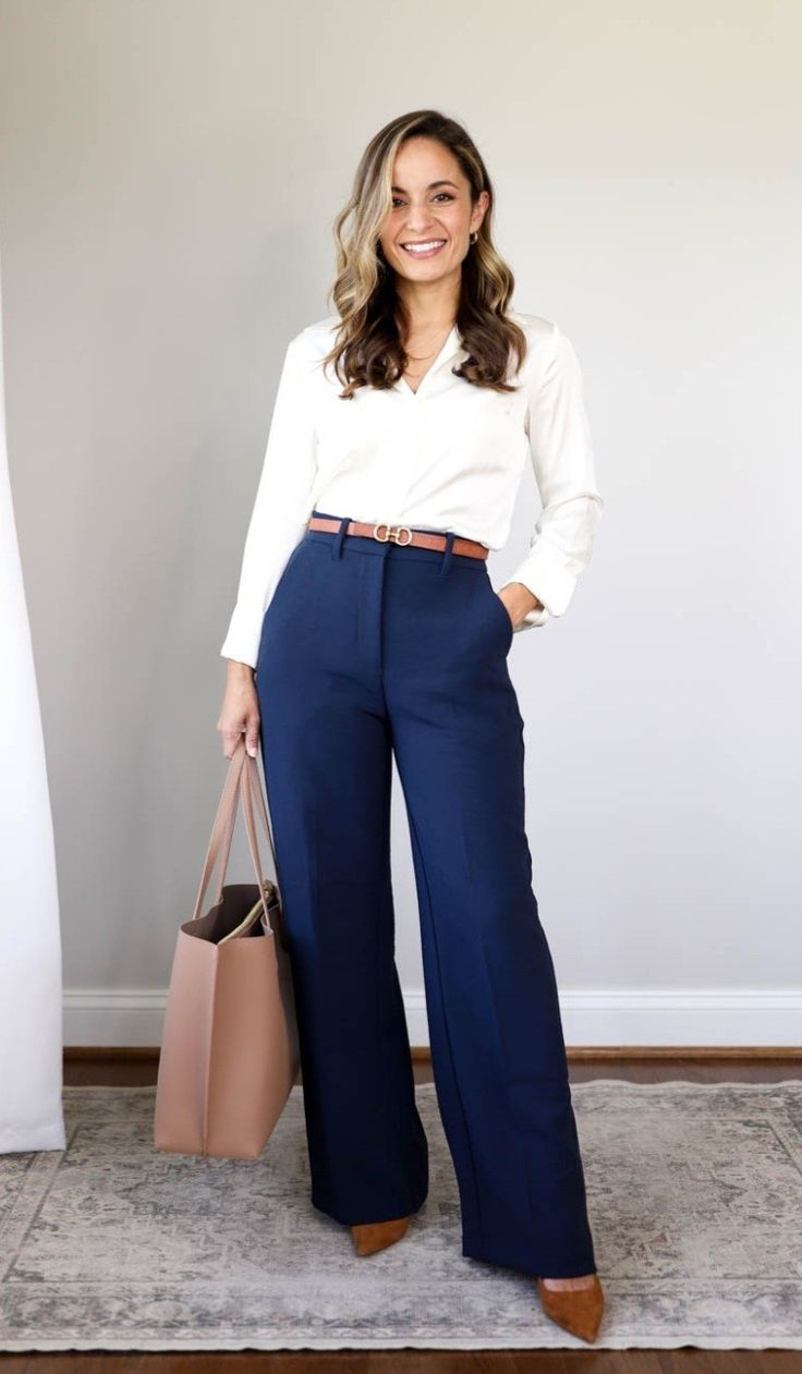 Navy Blue And Tan Outfit, Business Casual Outfits Navy Pants, Blue Office Outfits Women, Blue Pants Work Outfit, Slacks Outfit Formal, Lawyer Outfits Women, Blue Pants Outfit, Slacks Outfit, Corporate Girl