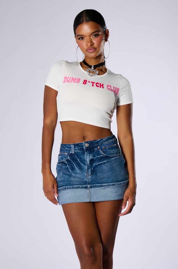 The AKIRA Label Flip Me Over Mini Denim Skirt is crafted from a soft n’ stretchy, medium wash denim fabrication. It features a cuffed, fold-over hemline, two front pockets with decorative, faux zipper detailing, two standard back pockets, functional belt loops, and a classic zip-button front closure. This versatile ‘lil number is a must-have wardrobe staple.  - 99% Cotton, 1% Spandex - Stretchy - Imported (all measurements approximate from size small) - 12” Waist to Hem Product ID: 423080 Baguette Purse, Groovy Font, Mini Denim Skirt, All White Party, Pink Boots, White Accessories, White Party, White Outfits, Baby Tee