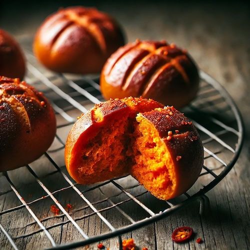 several buns on a wire rack with one half eaten