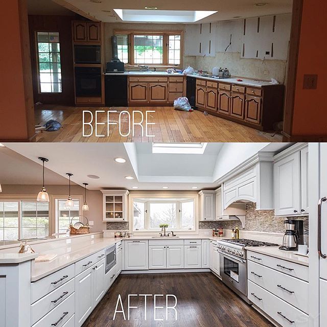 before and after pictures of a kitchen remodel with white cabinets, wood flooring and hardwood floors