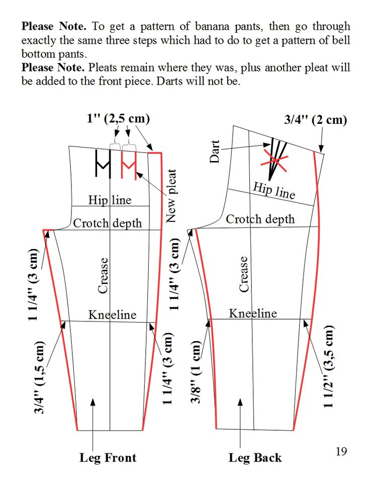 the pattern for this pants is shown in red and black, with measurements to each side