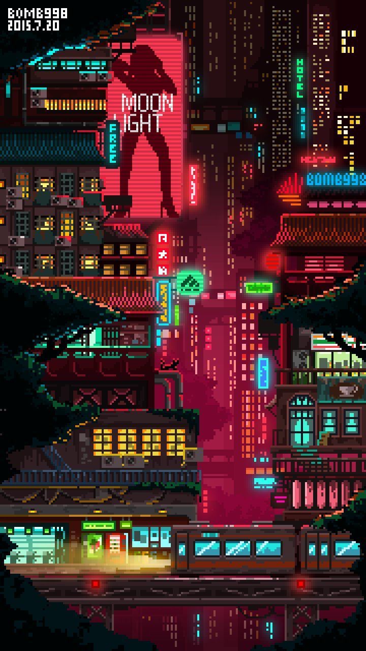 an image of a city at night with neon lights