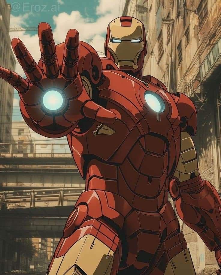 an iron man standing in the middle of a city with his hands up and glowing eyes