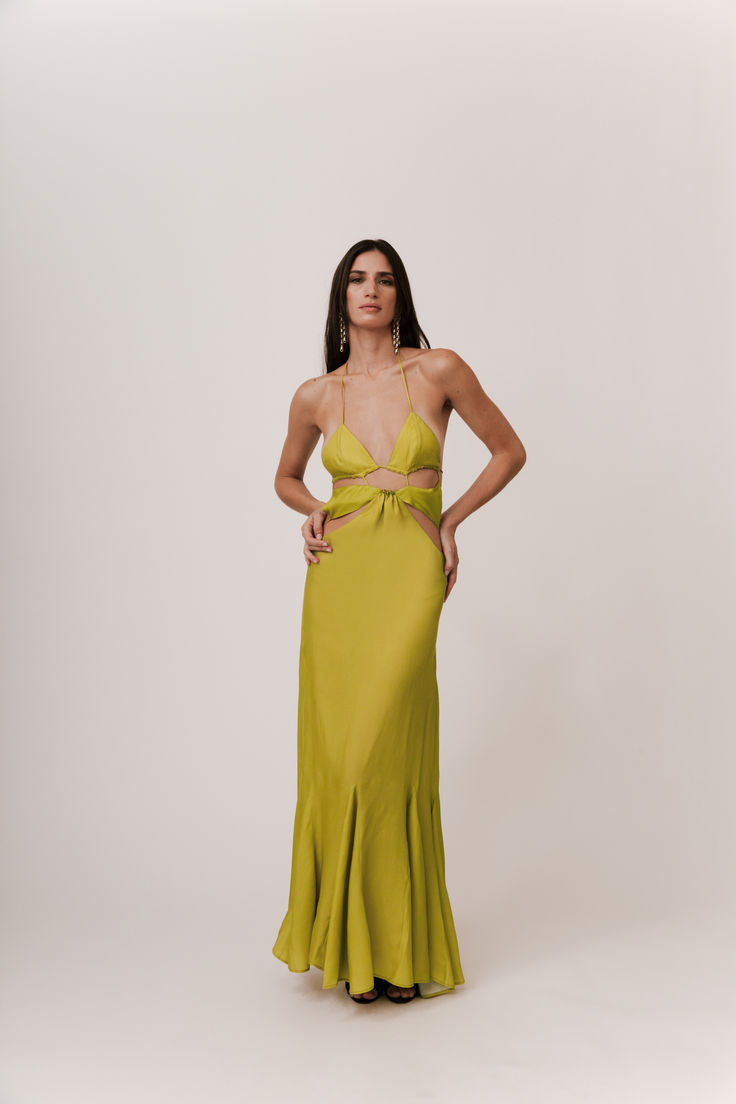 GREEN CUT OUT MAXI DRESS Summer Formal Evening Dress With Tie Back, Spring Evening Dress With Back Opening For Gala, Summer Cocktail Dress With Cut-out Waist, Evening Midi Dress With Tie Back And Fitted Bodice, Spring Evening Backless Dress With Tie Back, Spring Backless Dress With Tie Back For Evening, Spring Backless Gown With Fitted Bodice, Fitted Bodice Backless Midi Dress With Lined Bodice, Spring Maxi Dress With Back Opening And Fitted Bodice