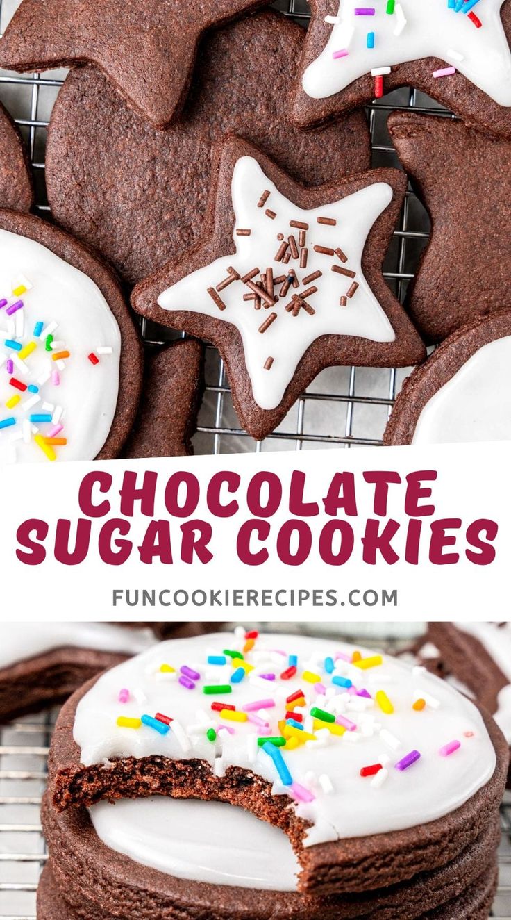 chocolate sugar cookies with white frosting and sprinkles