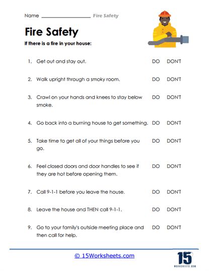 the worksheet for fire safety is shown with an image of a man holding a wren