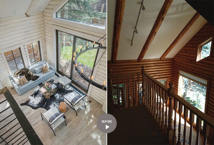 before and after photos of a living room in a log cabin