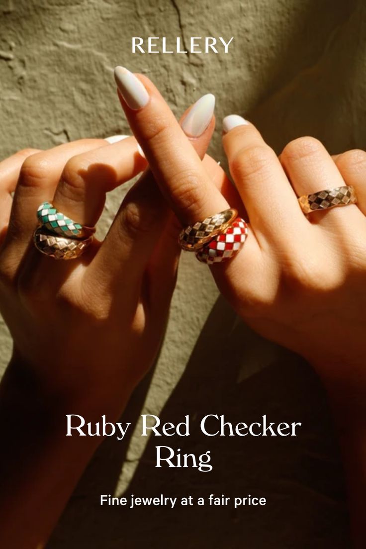 Our modern Checker ring gets a ruby red kiss of color. This red darling gives a romantic touch to your ring stack. She's a stunning addition to your everyday line up that you'll never want to take off. Womens gold ring, Jewelry gold rings, Trendy gold ring, womens rings, Unique womens rings, Casual womens ring, womens jewelry rings! #rings #womensrings #goldrings #jewelry #rellery Red Stackable Promise Jewelry, Red Stackable Jewelry For Promise, Red Ruby Open Ring For Promise, Modern Red Open Ring, Trendy Red Stackable Jewelry, Red Round Ring For Everyday, Everyday Red Round Ring, Red Open Enamel Ring, Red Stackable Open Ring Jewelry