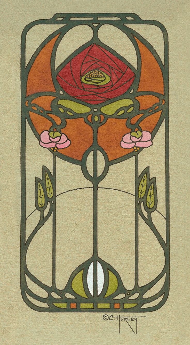 an art nouveau style stained glass window with a rose in the center and leaves on it