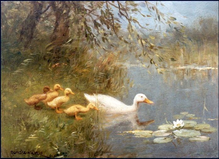 an oil painting of ducks and ducklings in a pond