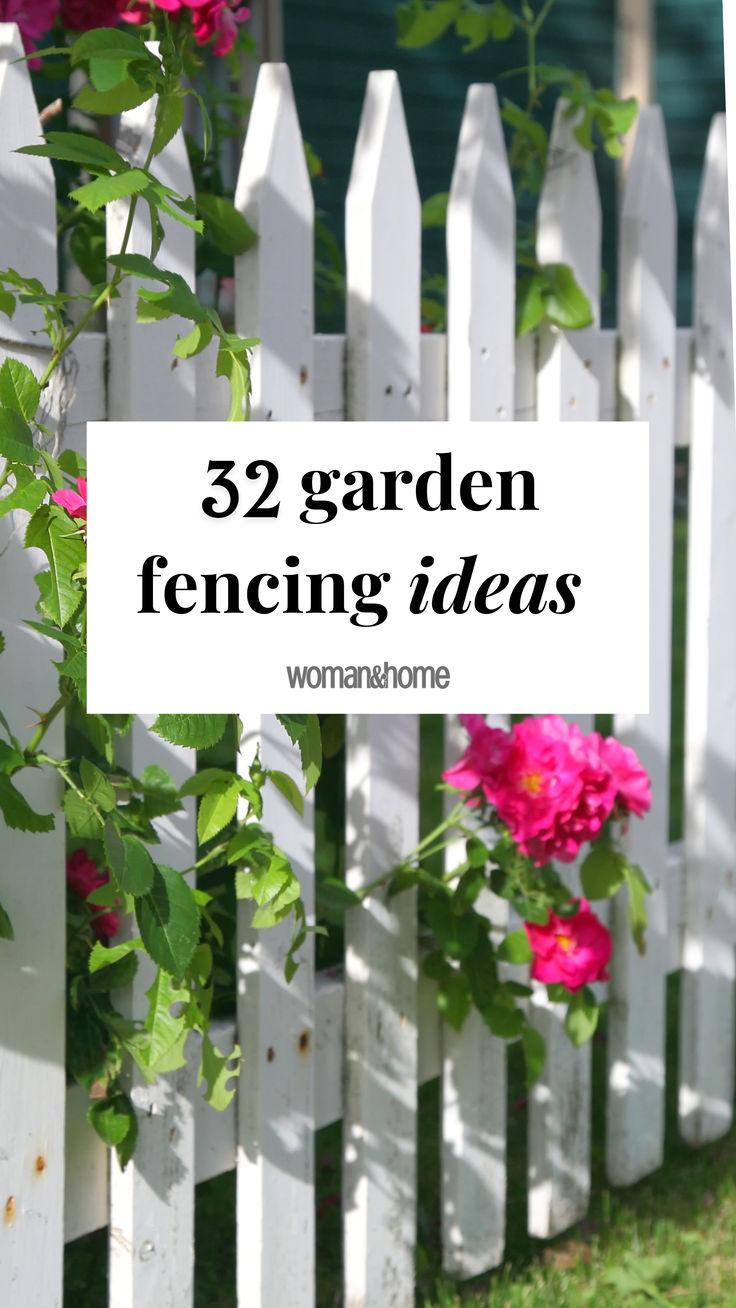 a white picket fence with pink flowers growing on it and the words, 32 garden fencing ideas