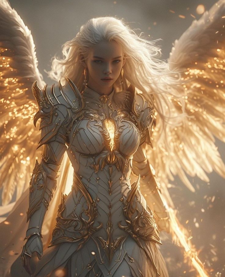 a woman with white hair and angel wings