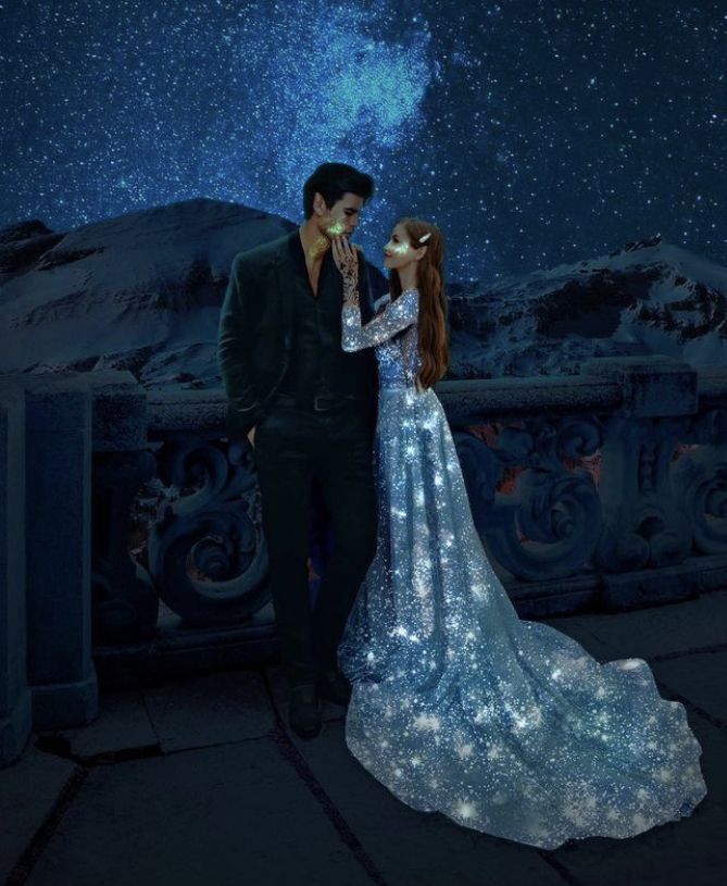 a man and woman standing next to each other under the stars