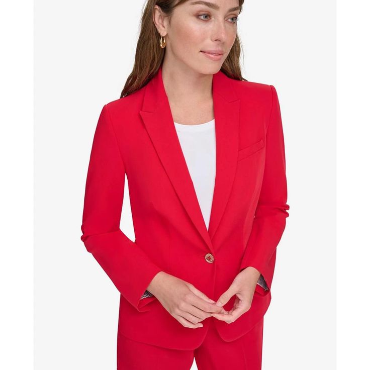 Perfectly put-together, with slightly peaked lapels and subtle signature detailing, Tommy Hilfiger's one-button blazer is bound to be a wardrobe workhorse..Approx. model height is 5'10' and she is wearing size 4.Approx. 24' long from center back neck to hem.Slightly peaked lapels; one-button front closure.Signature gold-tone TH logo at left lapel; shoulder padding.Slanted welt pocket at chest; horizontal welt pockets at side front; matching elbow patches; vent at center back.Long sleeves with signature button trim.Lined.Shell: polyester/viscose/spandex; stretch lining: polyester/spandex.Dry clean.Imported Tailored Button-up Blazer For Career, Sleek Blazer With Button Closure For Business Casual, Tailored Solid Color Semi-formal Blazer, Professional Solid Color Blazer With Suit Collar, Professional Blazer With Suit Collar In Solid Color, Professional Solid Blazer With Suit Collar, Tailored Solid Color Blazer For Semi-formal Events, Solid Color Notched Blazer For Workwear, Notched Solid Blazer For Work