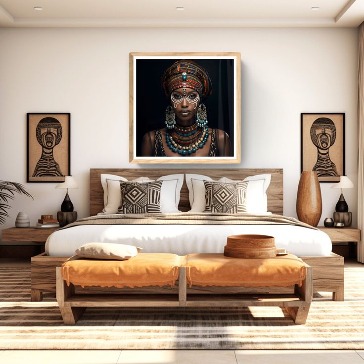 a bedroom with a large bed and artwork on the wall above it's head