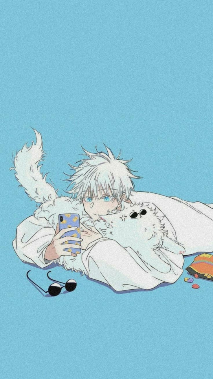 an anime character laying on the ground holding a cell phone and looking at his dog