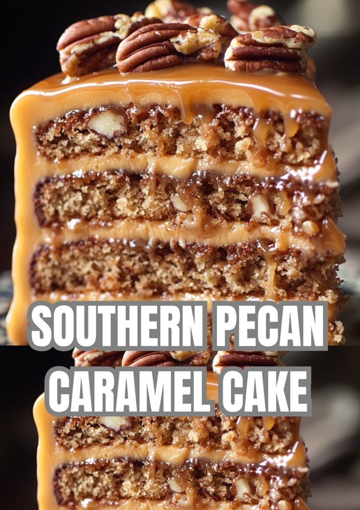 two slices of cake with caramel and pecans on top