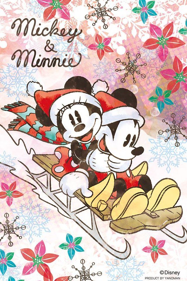 mickey and minnie on sled with snowflakes in the background for disney christmas cards