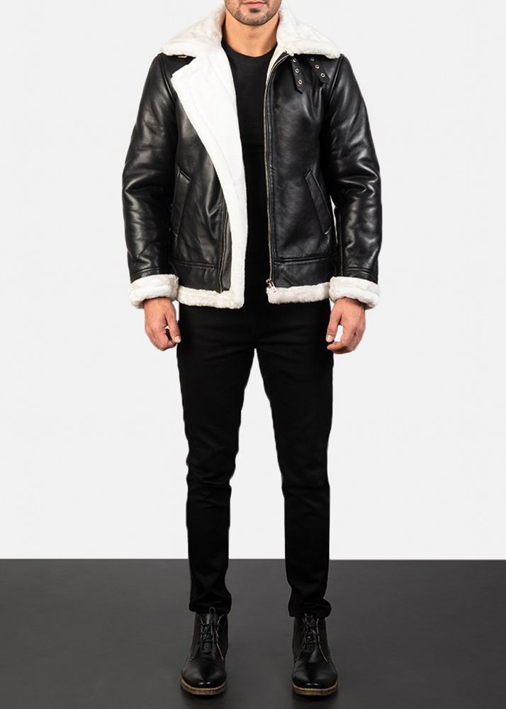 A style essential that gives you suave as well as contemporary rustic feels. This Francis B-3 Black & White Leather Bomber Jacket is designed to give you a balance of luxury and functionality. Made of a semi-aniline finish sheepskin leather, having a complete faux-fur lining, buckled collar detail, zipper front closure, roll-back cuffs, waist adjustment straps and two outer pockets that strikes an even balance between good looks, functionality, craftsmanship and more. Luxury Leather Jacket With Zip Fly For Winter, Black Sheepskin Leather Jacket For Fall, Fitted Sheepskin Leather Jacket With Faux Fur Lining, Fitted Leather Outerwear With Faux Fur Lining, Shearling Leather Jacket With Zip Fly For Fall, Winter Shearling Leather Jacket With Zip Fly, Fitted Shearling Leather Jacket, Winter Shearling Leather Jacket With Zipper, Leather Biker Jacket With Faux Fur Lining