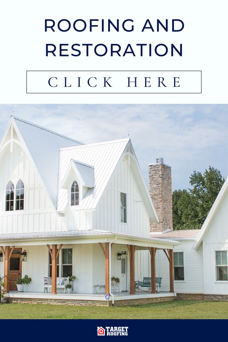 a white house with the words roofing and restoration click here on it's front cover