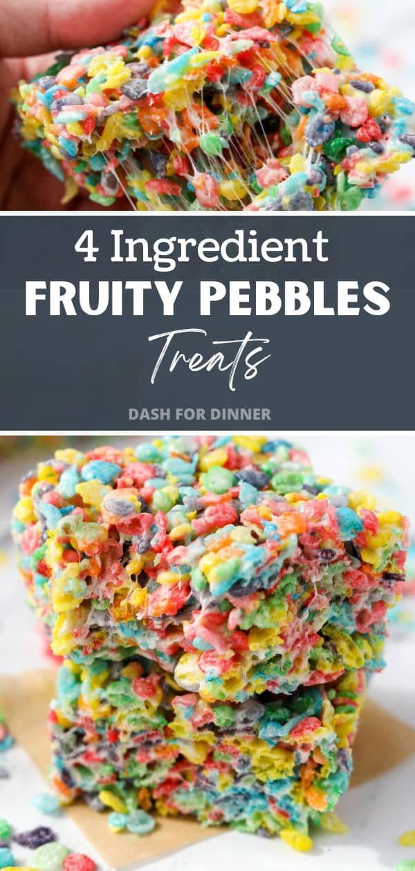 four ingredient fruity pebbles treats stacked on top of each other with the title overlay