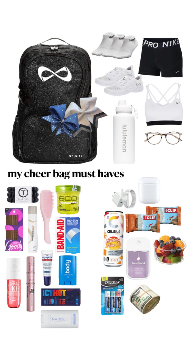 Cheer Practice Bag, What To Keep In Your Cheer Backpack, What To Put In Cheer Bag, Cheer Bag Essentials Game Day, Cheer Stuff To Buy, Cheer Backpack Ideas, What To Put In Your Cheer Bag, Cheer Advice, Cheer Bag Essentials