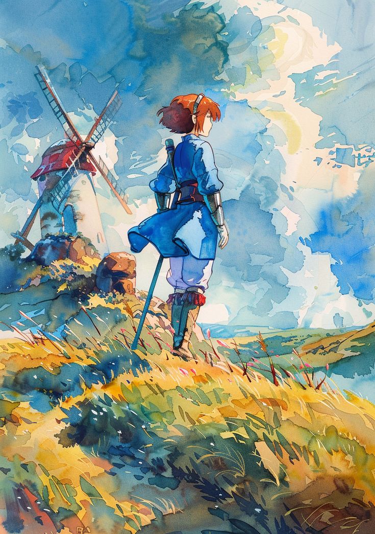 #NausicaaWatercolor #GhibliMovie #ValleysWithWindmill #LightAndShadow #Post-impressionism #TheCandie Valley Of The Wind Nausicaa Of The, Hayo Miyazaki Art, Nausicaa Landscape, Miazaki Style Art, Watercolour Fantasy Art, Nausicaa Of The Valley Of The Wind Art, Watercolor Character Art, Nausicaä Of The Valley Of The Wind, Asbel Nausicaa