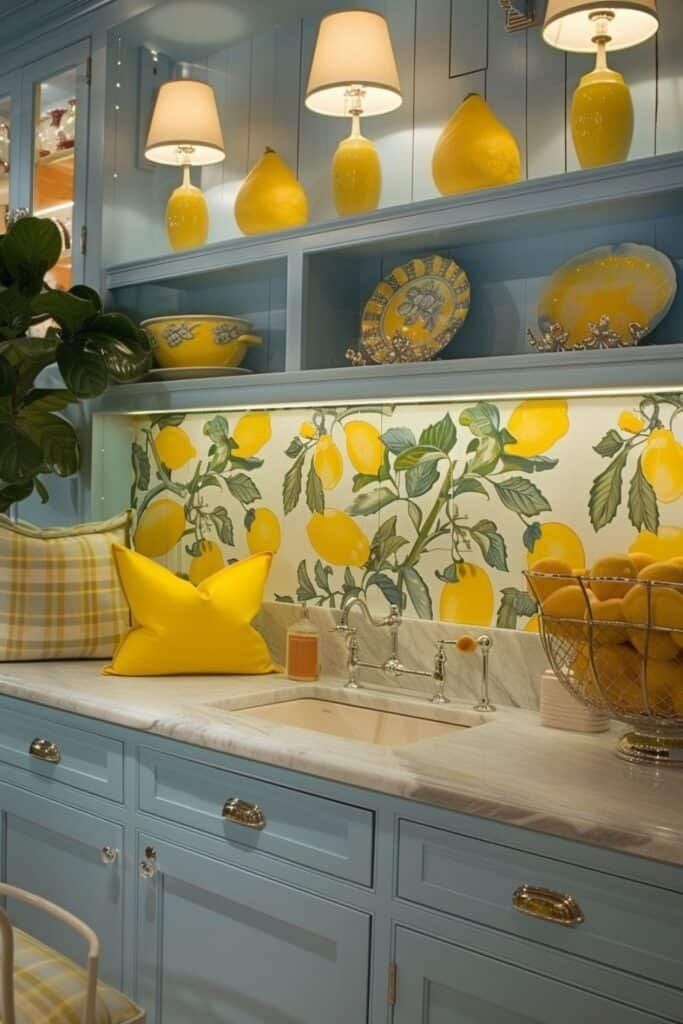 a kitchen with blue cabinets and yellow lemons on the backsplash, along with white counter tops