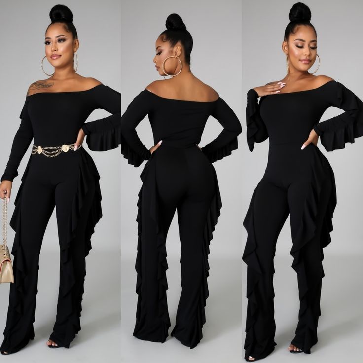 This Jumpsuit Has Lots Of Stretch, Fits Comfortably And Is Great For All Occasions. Chic Evening Sets With Ruffles, Fall Party Sets With Ruffles, Chic Stretch Sets With Ruffles, Chic Stretchable Ruffled Sets, Fitted Flirty Ruffled Jumpsuits And Rompers, Fitted Long Sleeve Jumpsuits And Rompers With Ruffles, Fitted Jumpsuits And Rompers With Ruffles And Long Sleeves, Party Jumpsuits And Rompers With Ruffles, Fitted Black Jumpsuit With Ruffles