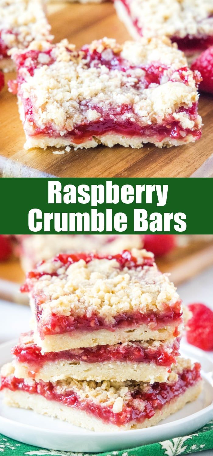 raspberry crumble bars stacked on top of each other with the words, raspberry crumble bars