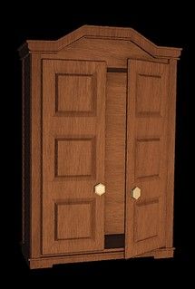 a wooden armoire with two doors and knobs on the front, one door open