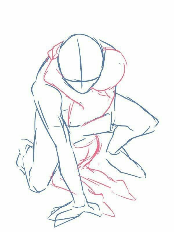 a drawing of a person kneeling down with their arms around each other's shoulders