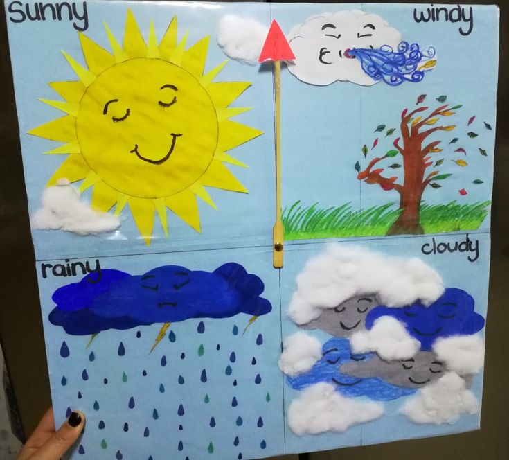 a child's hand is holding up a weather bulletin board