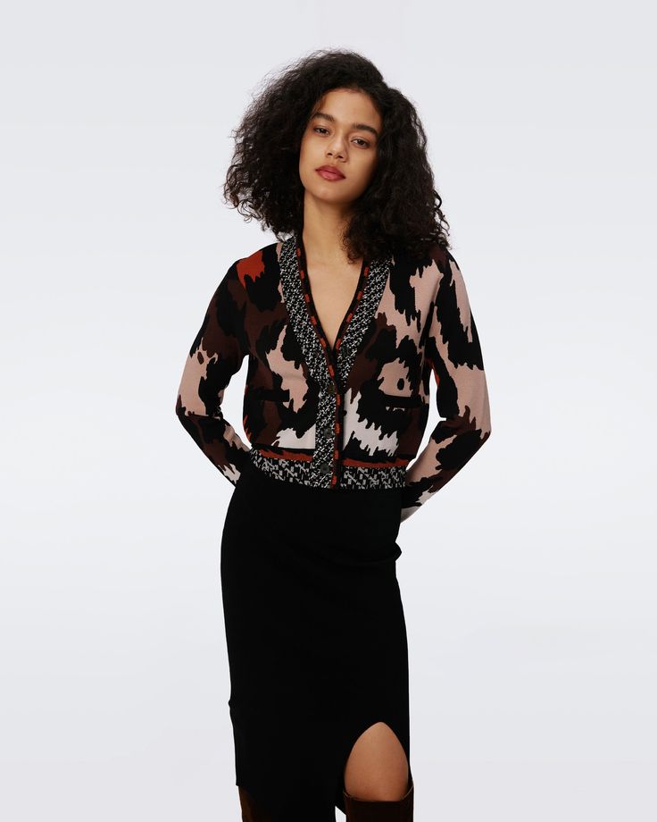 Crafted from a knit jacquard, the Midge cardigan has cozy, chic feel. This piece has a V-neckline, long sleeves, and buttons up the front in contrasting detail.Eloisa is 5 Foot and 8 Inches and wearing a size XS. Wrap Dress Dvf, Jacquard Cardigan, Knit Jacquard, Jungle Cat, Midi Wrap Dress, Cozy Chic, Wrap Dress Floral, Mini Wrap Dress, Maxi Wrap Dress