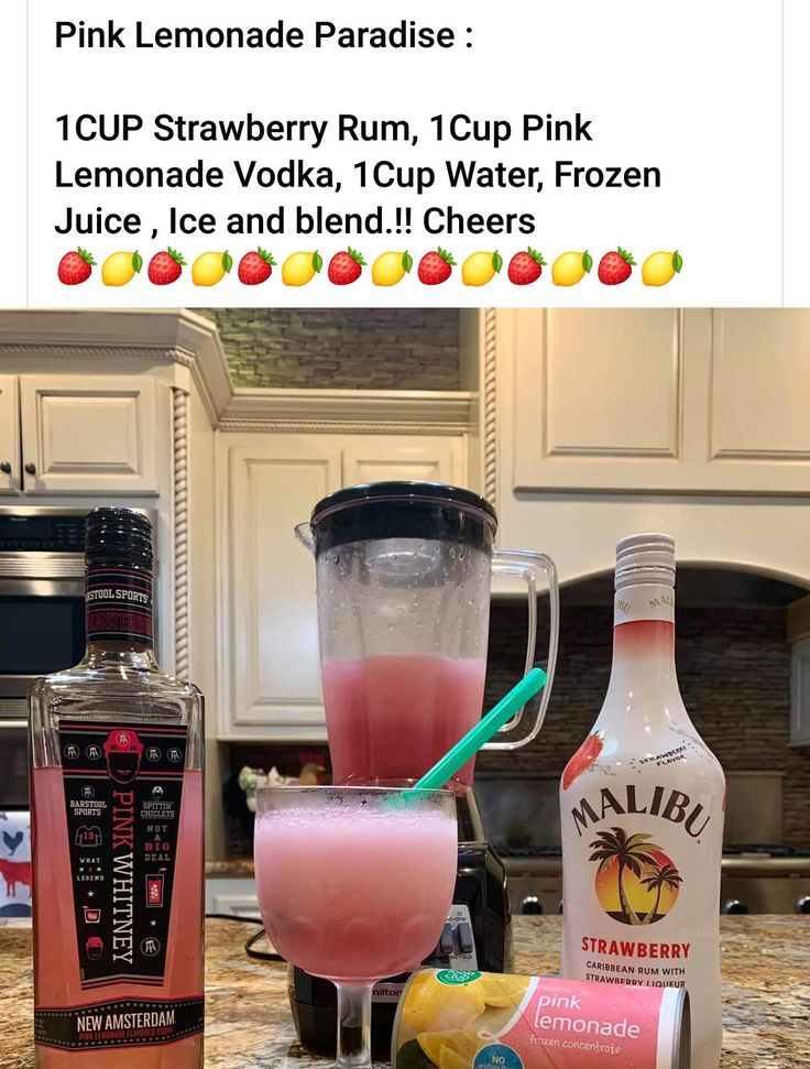 the pink lemonade paradise recipe is shown in an instagramtion with two bottles of juice and a blender