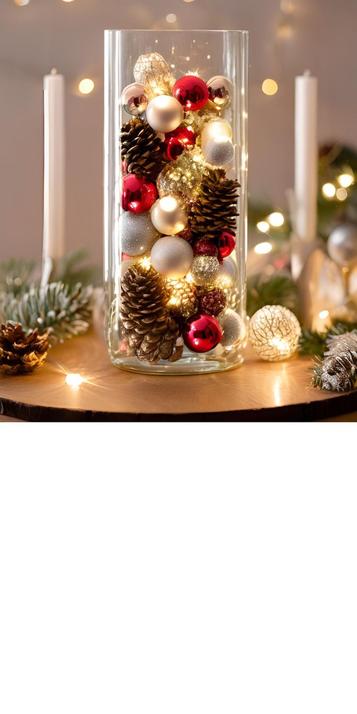 A tall, elegant glass vase filled with small, shiny Christmas ornaments, natural pinecones, and softly glowing fairy lights. The combination creates a warm and festive centerpiece for a holiday table Ornament Candle Centerpiece, Ornaments Table Decor, Christmas Ornaments In A Glass Vase, Christmas Centerpieces With Glass Vases, Christmas Decor Ideas Office Party, Ornament Table Decor, Pinecone Christmas Centerpiece, Christmas Centerpieces Ornaments, Christmas Decor Center Table