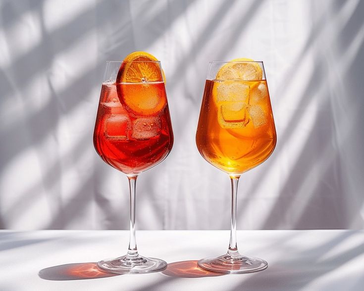 two glasses filled with different colored liquids next to each other on a white surface