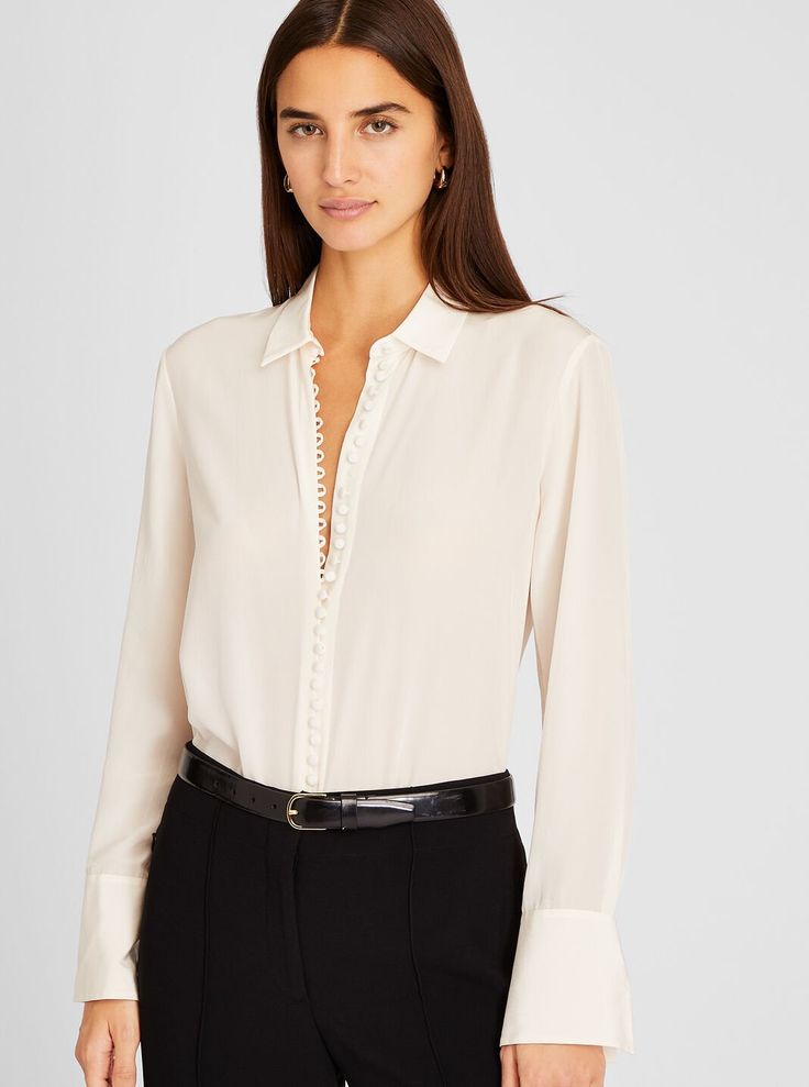 Detail oriented. Split cuffs and self-covered buttons add style to the luxe silk crêpe de Chine Helek shirt. The perfect top to dress up your off-hours denim. White Silk Blouse, Detail Oriented, Club Monaco, White Silk, Fall Shopping, Silk Crepe, Silk Shirt, Covered Buttons, Silk Blouse