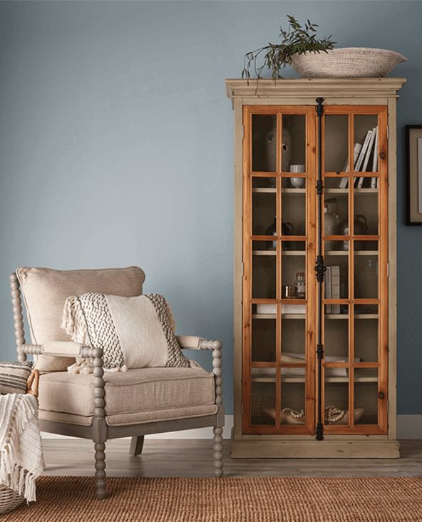 a living room with a chair and bookcase next to a rug on the floor