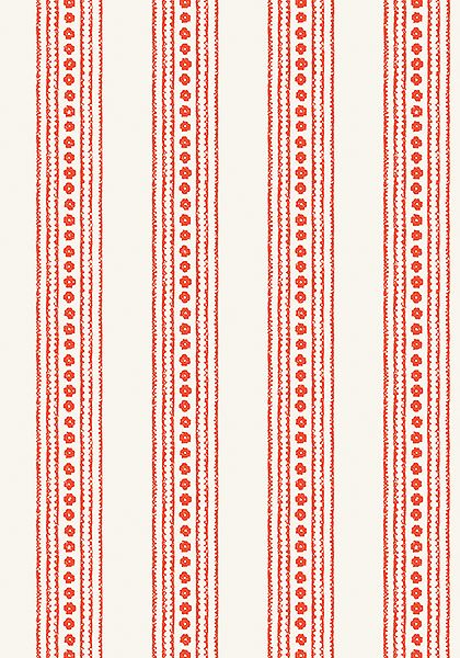 an orange and white striped wallpaper with small circles on the side, in rows