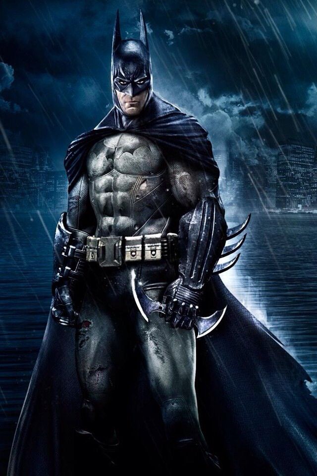 batman in the dark knight movie poster with his caped and mask on, standing in the rain