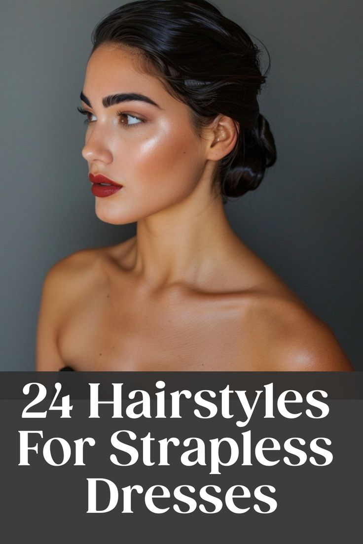 24 Hairstyles for Strapless Dresses: Elegant woman with slicked-back hair and bold makeup. Hairstyle Off The Shoulder Dress, Hairstyles With Sleeveless Dresses, Hairstyles For No Shoulder Dress, Hair Updos For Strapless Dress, Ball Gowns Hairstyles, Formal Wedding Hair Updo, Bridesmaid Strapless Dress Hairstyles, Hairstyles With Strapless Dress Wedding, Wedding Guest Hairstyles Strapless Dress