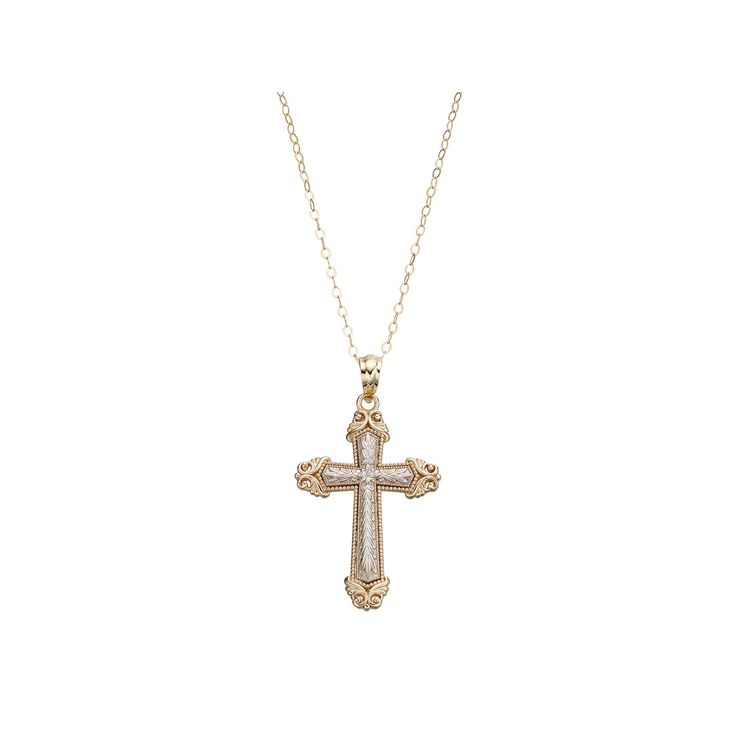 Created with an ornate filigree design, this two-tone 10k gold cross pendant shimmers with eternal beauty. Click on this JEWELRY & WATCHES GUIDE to learn about fit, styles, materials and more!PENDANT DETAILS Pendant length: 1.26 in. Chain length: 18 in. Clasp: spring-ring Metal: 10k gold Plating: rhodium Additional details: 14k gold-filled chain Size: One Size. Gender: female. Age Group: adult. Luxury White Cross Jewelry, Yellow Gold Filigree Cross Jewelry, Elegant Jewelry With Intricate Design Cross Pendant, Gold Crucifix Jewelry With Diamond Accents, Gold Jewelry With Diamond Accents And Cross Shape, Elegant Gold Cross Pendant Jewelry, Elegant Crucifix Jewelry With Diamond Cut, Elegant Crucifix Diamond Cut Jewelry, Elegant 14k Gold Crucifix Jewelry