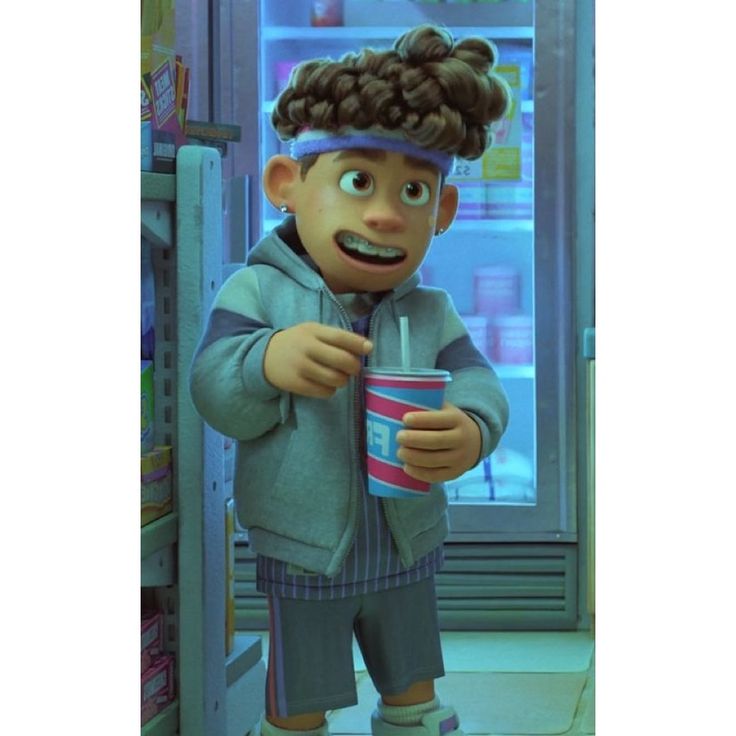 an animated character holding a cup in front of a refrigerator